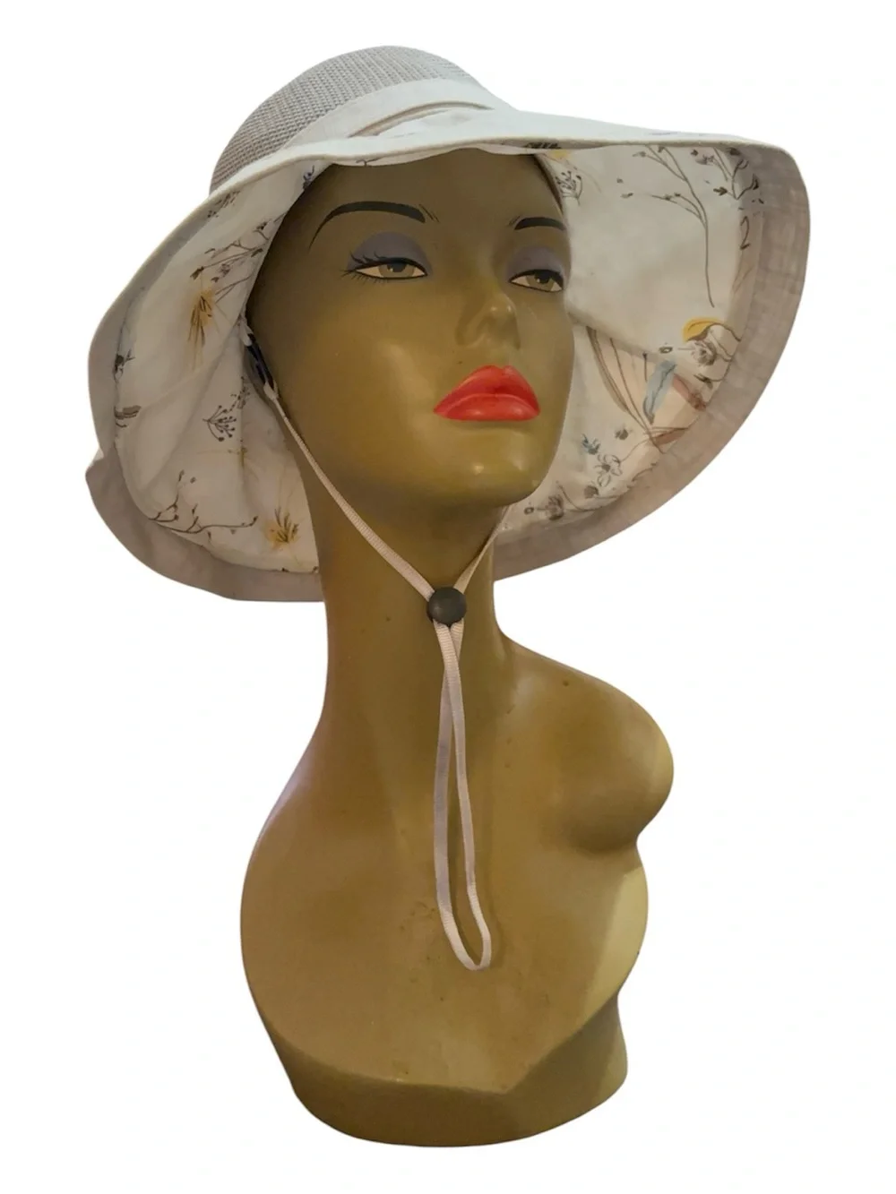 Floral Print Wide-Brim Sun Hat — Beige & Cream with Tie Strap - Picture 2 of 6